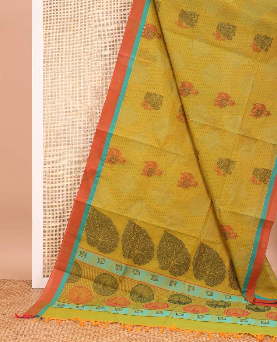 Green geometric and animal motifs printed Coimbatore cotton saree, contrast border, and pallu of elephant, peacock and leaf motifs - Image 2