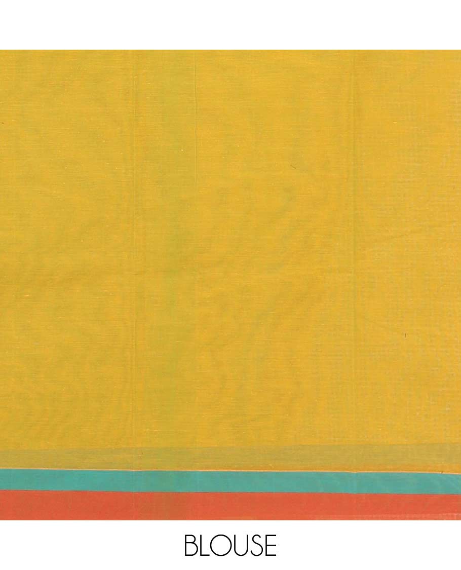 Green geometric and animal motifs printed Coimbatore cotton saree, contrast border, and pallu of elephant, peacock and leaf motifs - Image 3
