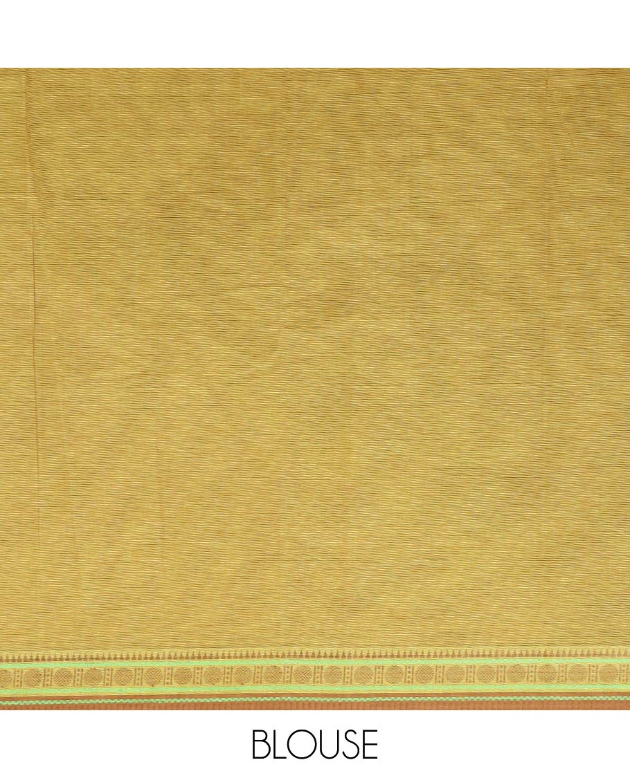 Green girl with a floral head motifs printed chirala cotton saree, traditional border, and pallu of stripes and kolam motifs print - Image 3