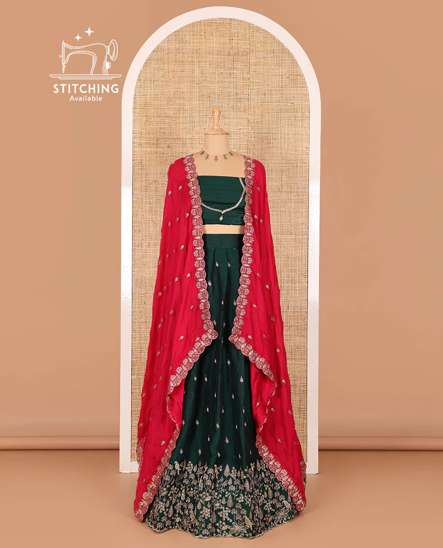Green half-saree, floral and bird motifs embroidered velvet organza top, matching embroidered blouse, and contrast scallop embroidered syska georgette dhavani - Image 2
