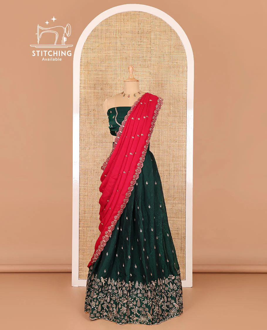 Green half-saree, floral and bird motifs embroidered velvet organza top, matching embroidered blouse, and contrast scallop embroidered syska georgette dhavani - Image 3