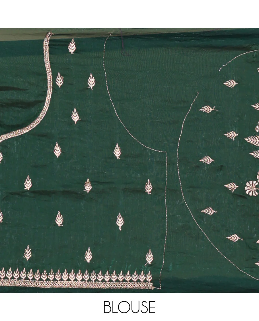 Green half-saree, floral and bird motifs embroidered velvet organza top, matching embroidered blouse, and contrast scallop embroidered syska georgette dhavani - Image 4