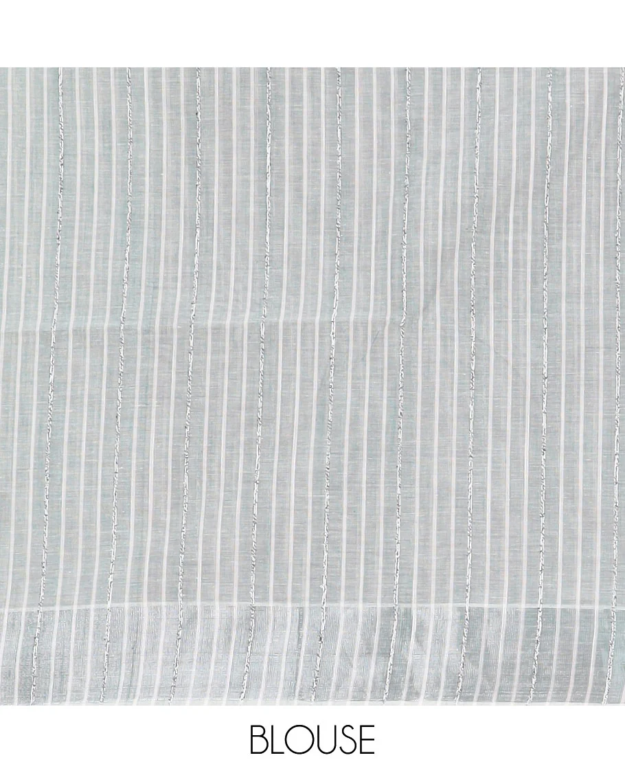 Green hand-brushing-style floral printed jute cotton saree, zari & printed border & striped pallu - Image 2