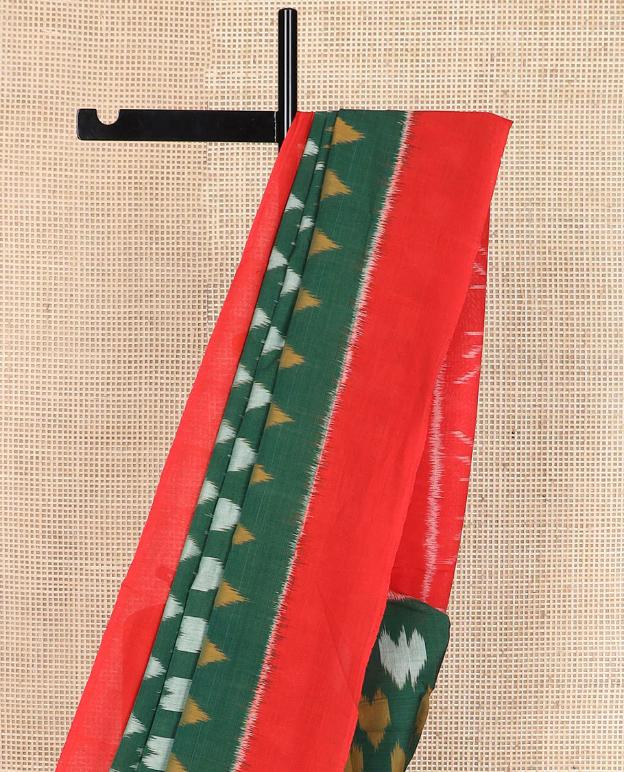 Green heart motifs Pochampally cotton saree, contrast plain border & pallu of ikkat design - Image 3