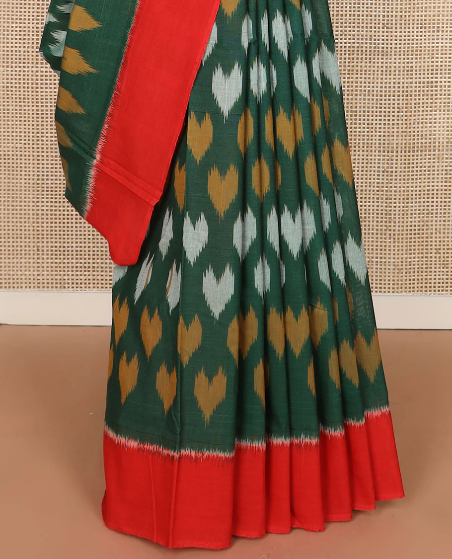 Green heart motifs Pochampally cotton saree, contrast plain border & pallu of ikkat design - Image 4