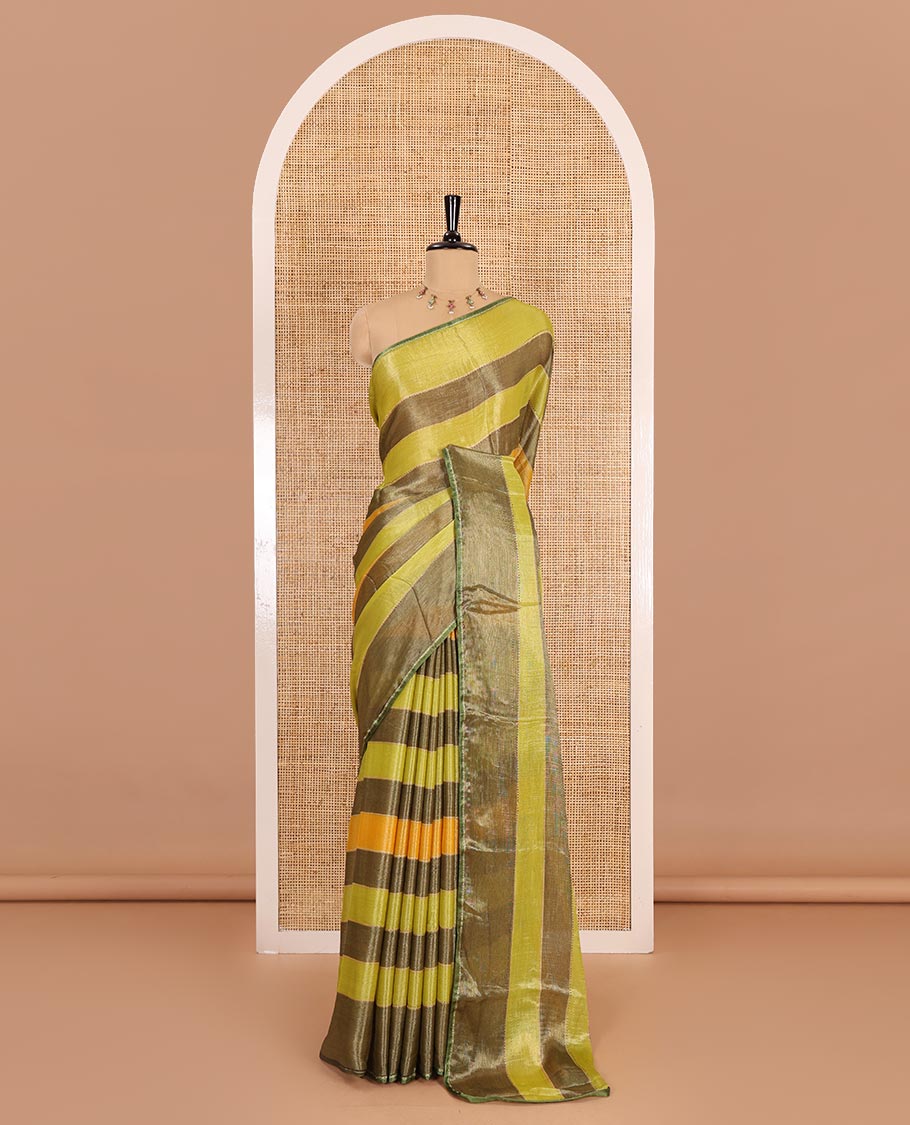 Green horizontal striped fendy chiffon saree, piping border, striped palu, and blouse of sequins and zari buttas - Image 2