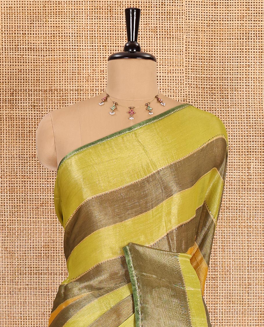 Green horizontal striped fendy chiffon saree, piping border, striped palu, and blouse of sequins and zari buttas - Image 3