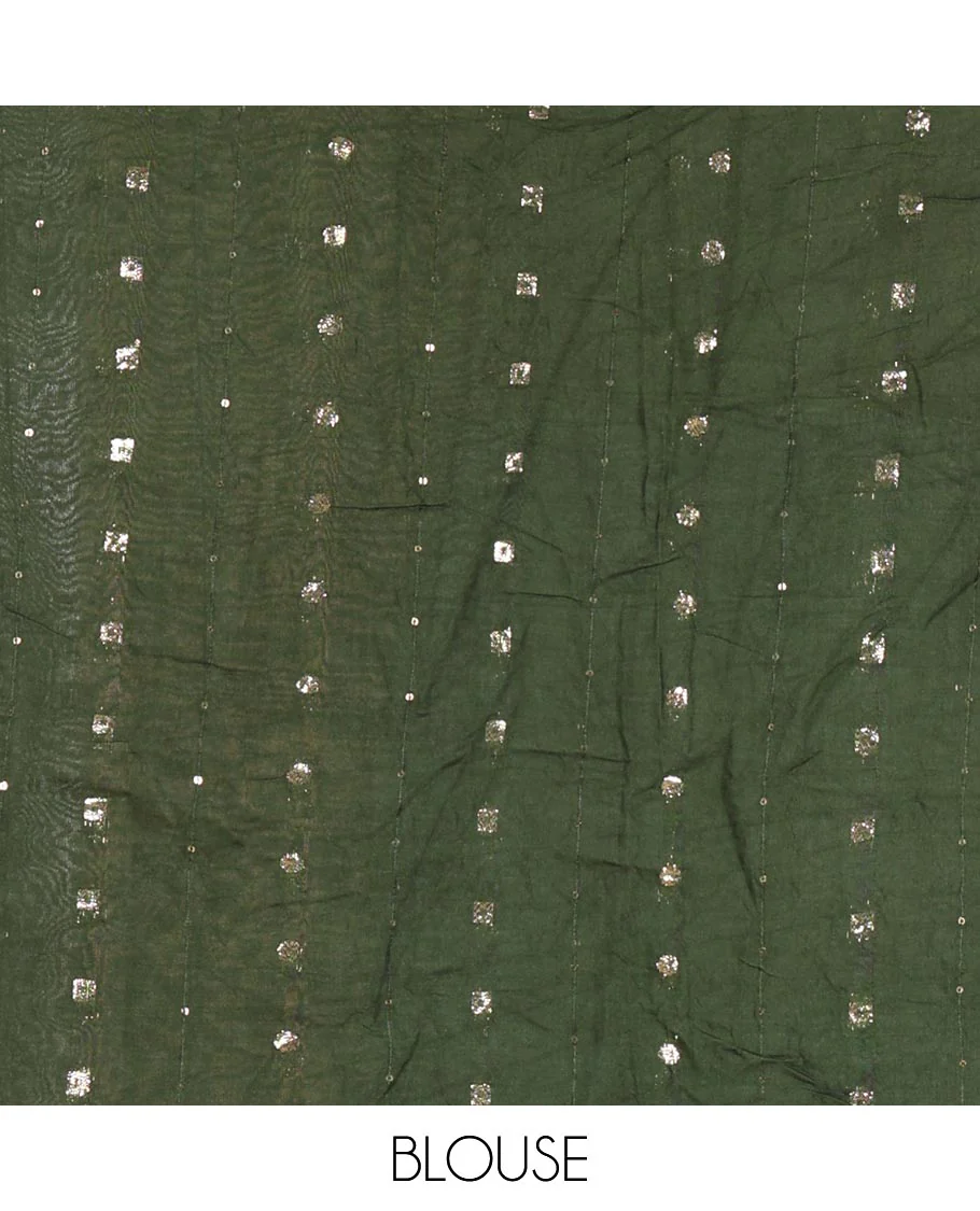 Green horizontal striped fendy chiffon saree, piping border, striped palu, and blouse of sequins and zari buttas - Image 4