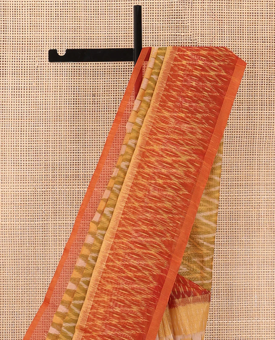 Green ikkat chevron design silk cotton saree, contrast zari bavanji border of ikkat jaal design, and pallu of jaal design - Image 3