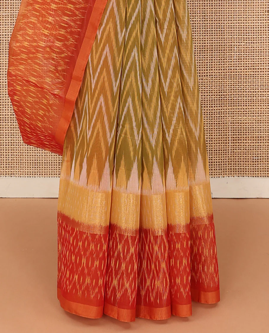 Green ikkat chevron design silk cotton saree, contrast zari bavanji border of ikkat jaal design, and pallu of jaal design - Image 4