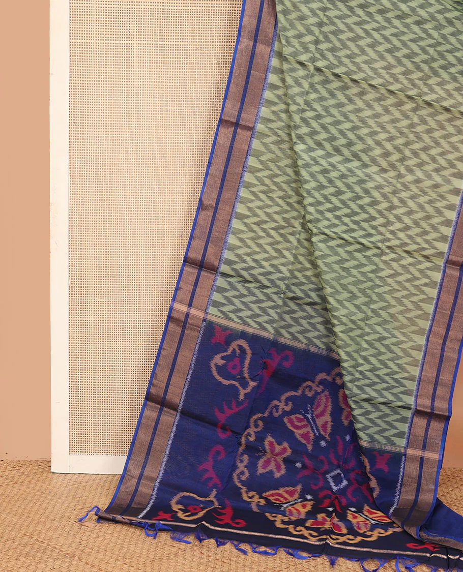 Green ikkat chevron designs silk cotton saree, contrast zari border, and pallu of ikkat designs - Image 2