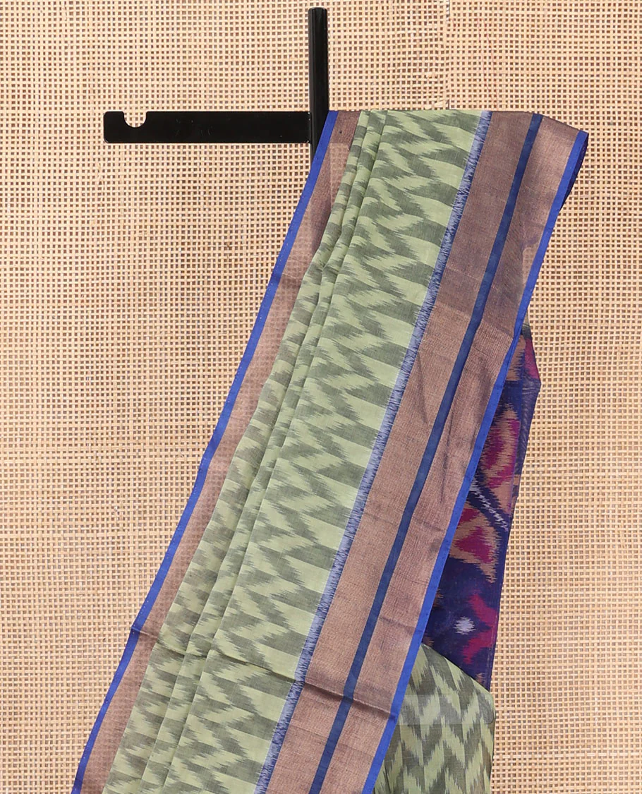 Green ikkat chevron designs silk cotton saree, contrast zari border, and pallu of ikkat designs - Image 3