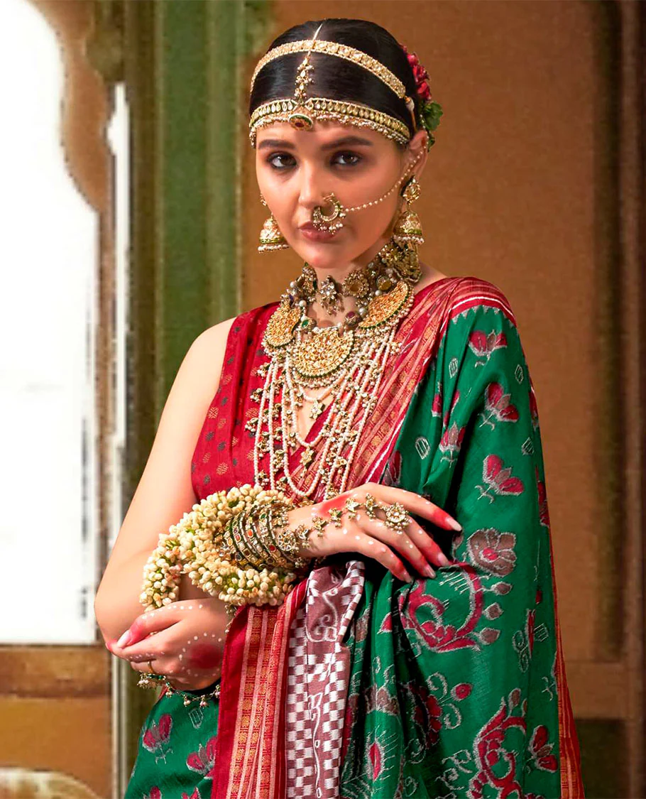 Green ikkat floral buttas woven designer catalog saree, contrast ikkat rudraksha border, and pallu of ikkat weave - Image 2