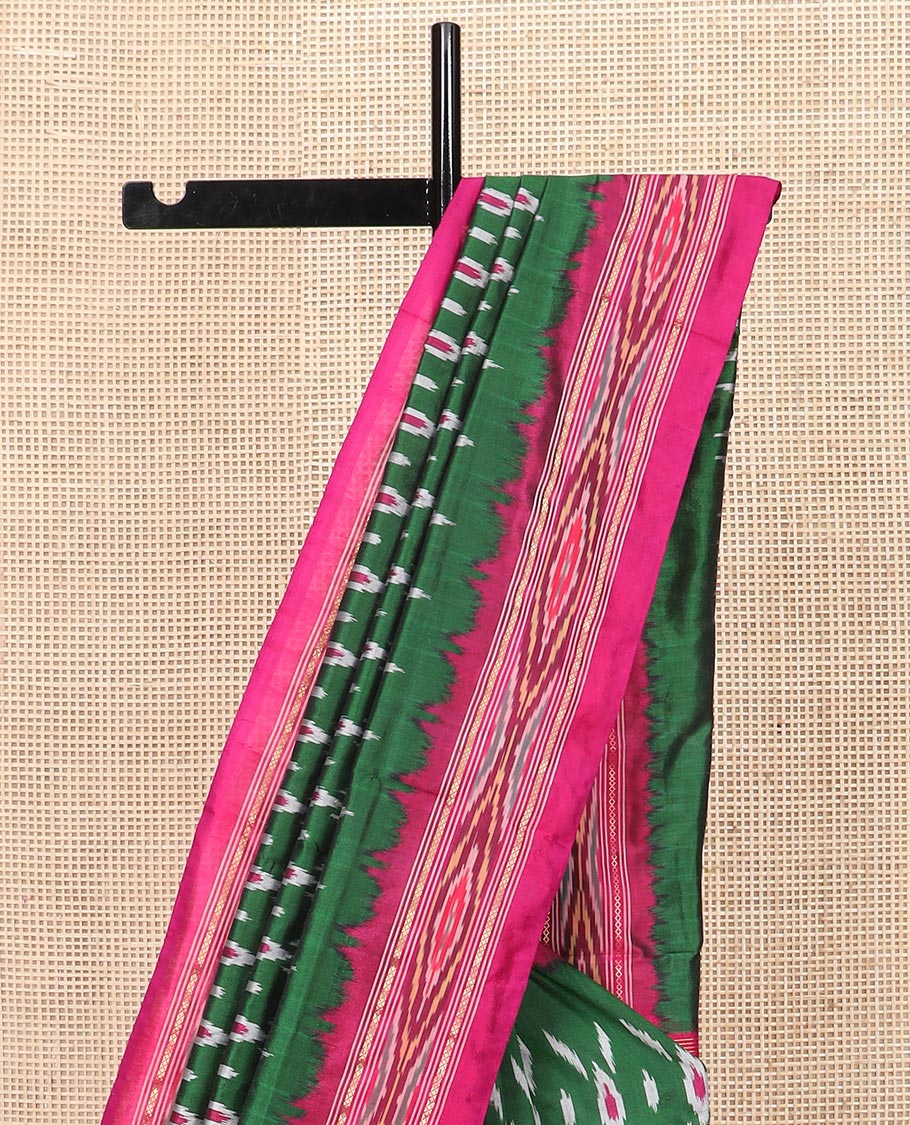 Green Ikkat Silk Saree Adorned with Geometric Patterns, Complemented with Contrast Ikkat-Textured Border, and Pallu Features Stripes and Ikkat Texture - Image 3