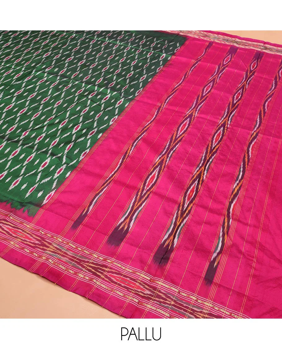 Green Ikkat Silk Saree Adorned with Geometric Patterns, Complemented with Contrast Ikkat-Textured Border, and Pallu Features Stripes and Ikkat Texture - Image 5