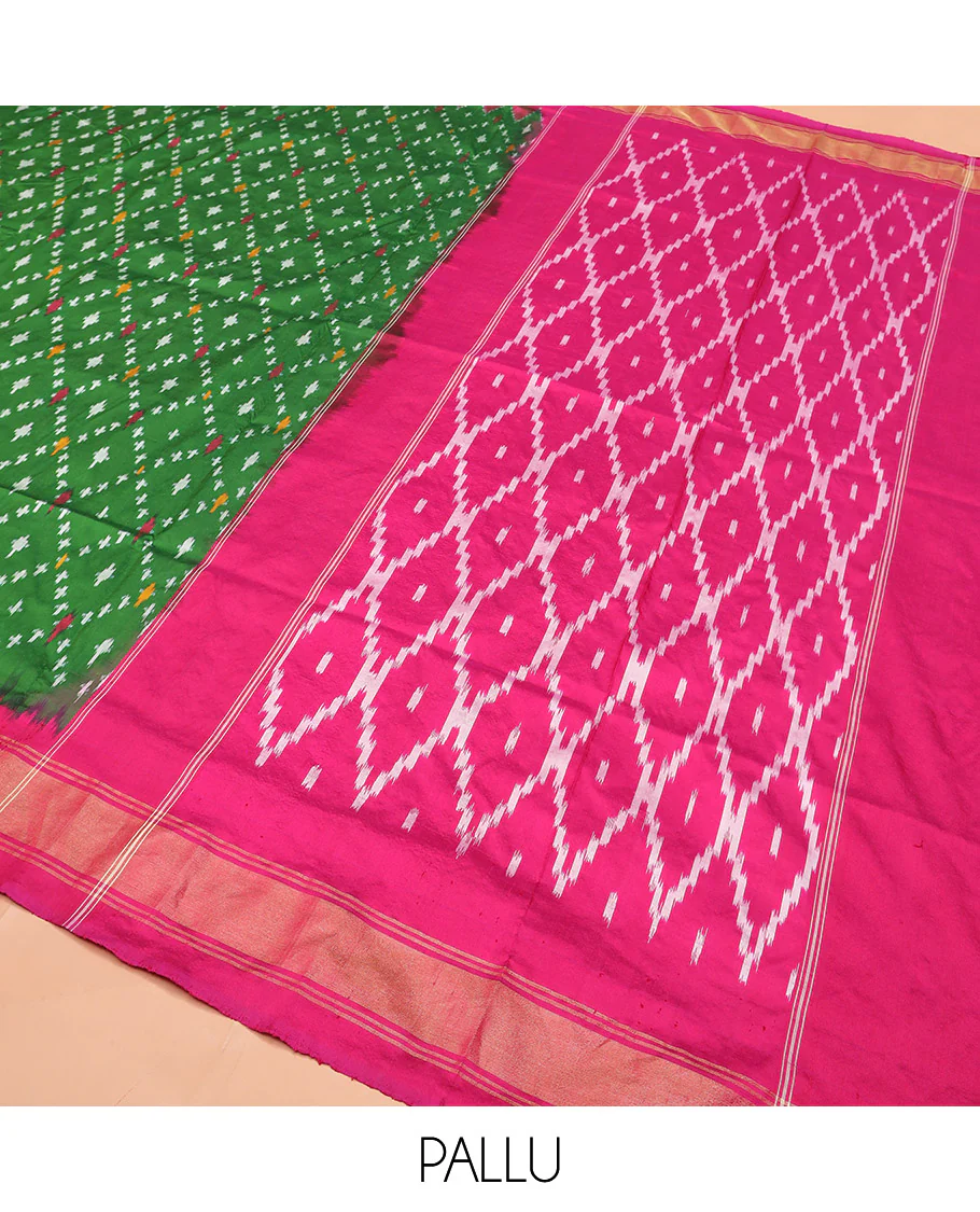 Green Ikkat Silk Saree with Ikkat Buttas Enclosed Jaal Design, Spotlighted with a Contrast Temple Border, Pallu Features Ikkat Jaal Patterns, and with a Contrast Blouse - Image 5