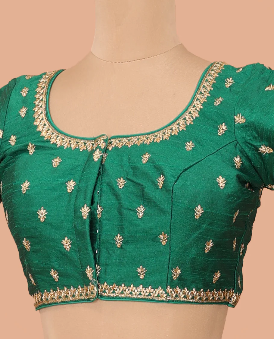 Green intricately thread embroidered front-back round neck elbow sleeve blouse - Image 2