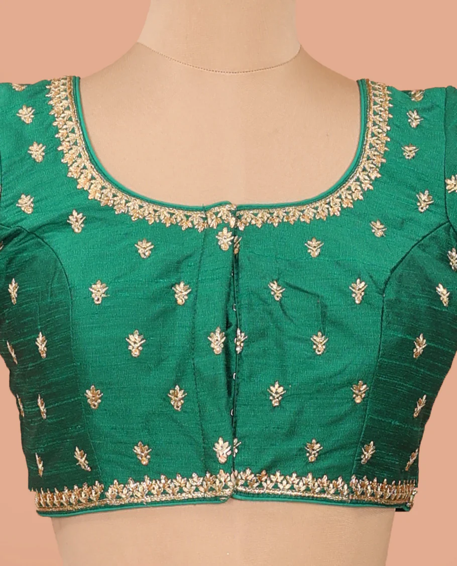 Green intricately thread embroidered front-back round neck elbow sleeve blouse - Image 3