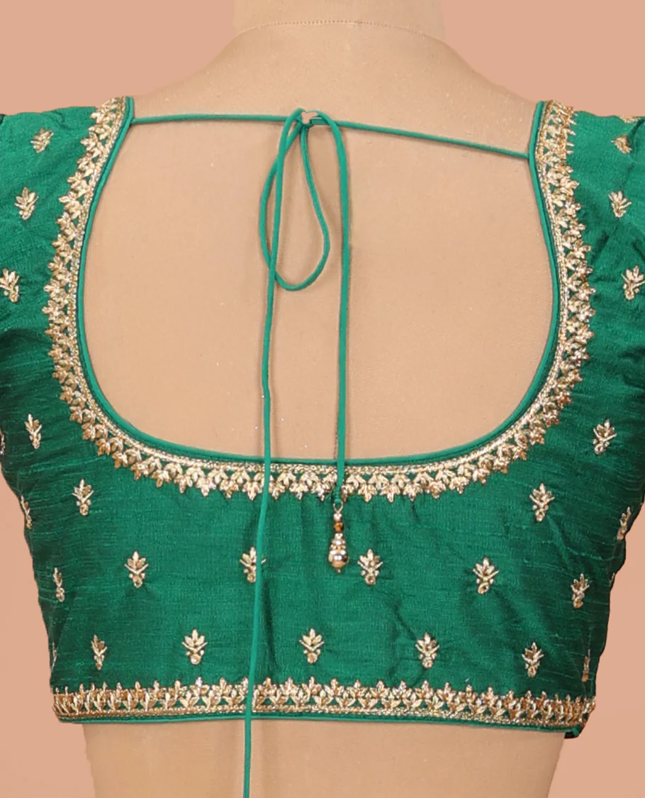 Green intricately thread embroidered front-back round neck elbow sleeve blouse - Image 4