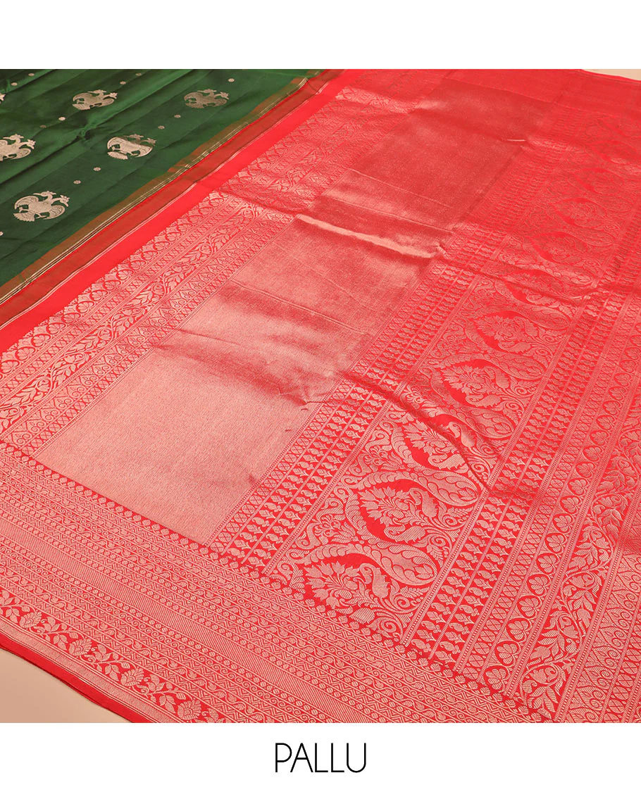 Green iruthalai pakshi buttas Vasundhara silk saree with contrast border of thilakam mokku, leaf vine, paisa, and kodi visiry designs, and intricate pallu - Image 5
