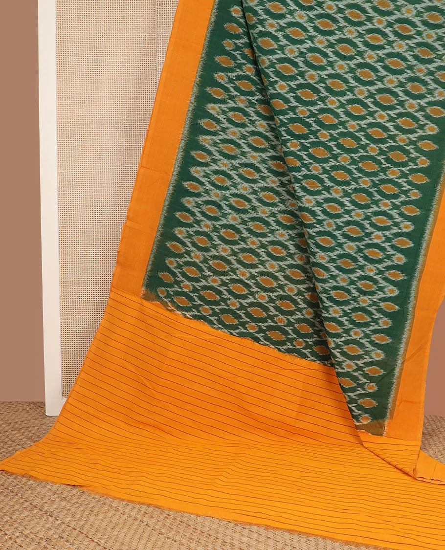 Green jaal design pochampally cotton saree, contrast border & pallu of stripes - Image 2