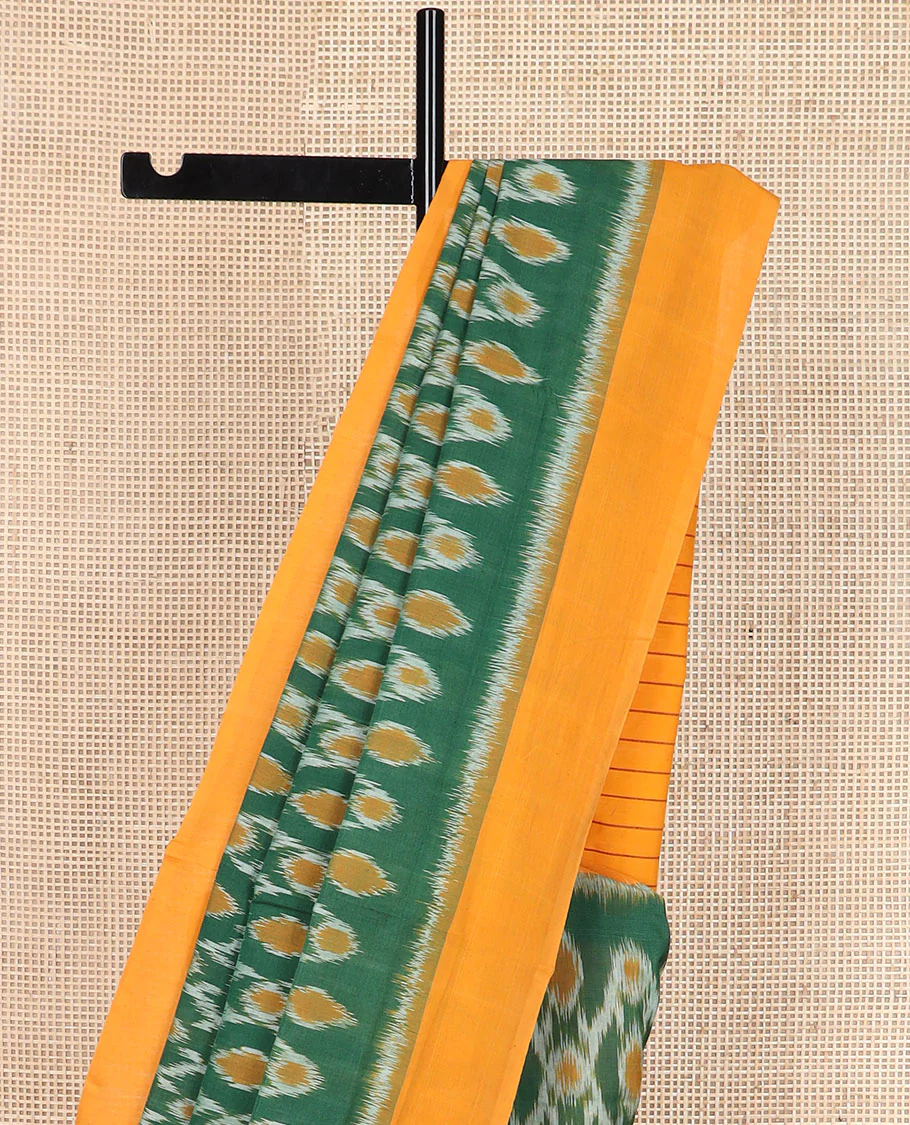 Green jaal design pochampally cotton saree, contrast border & pallu of stripes - Image 3