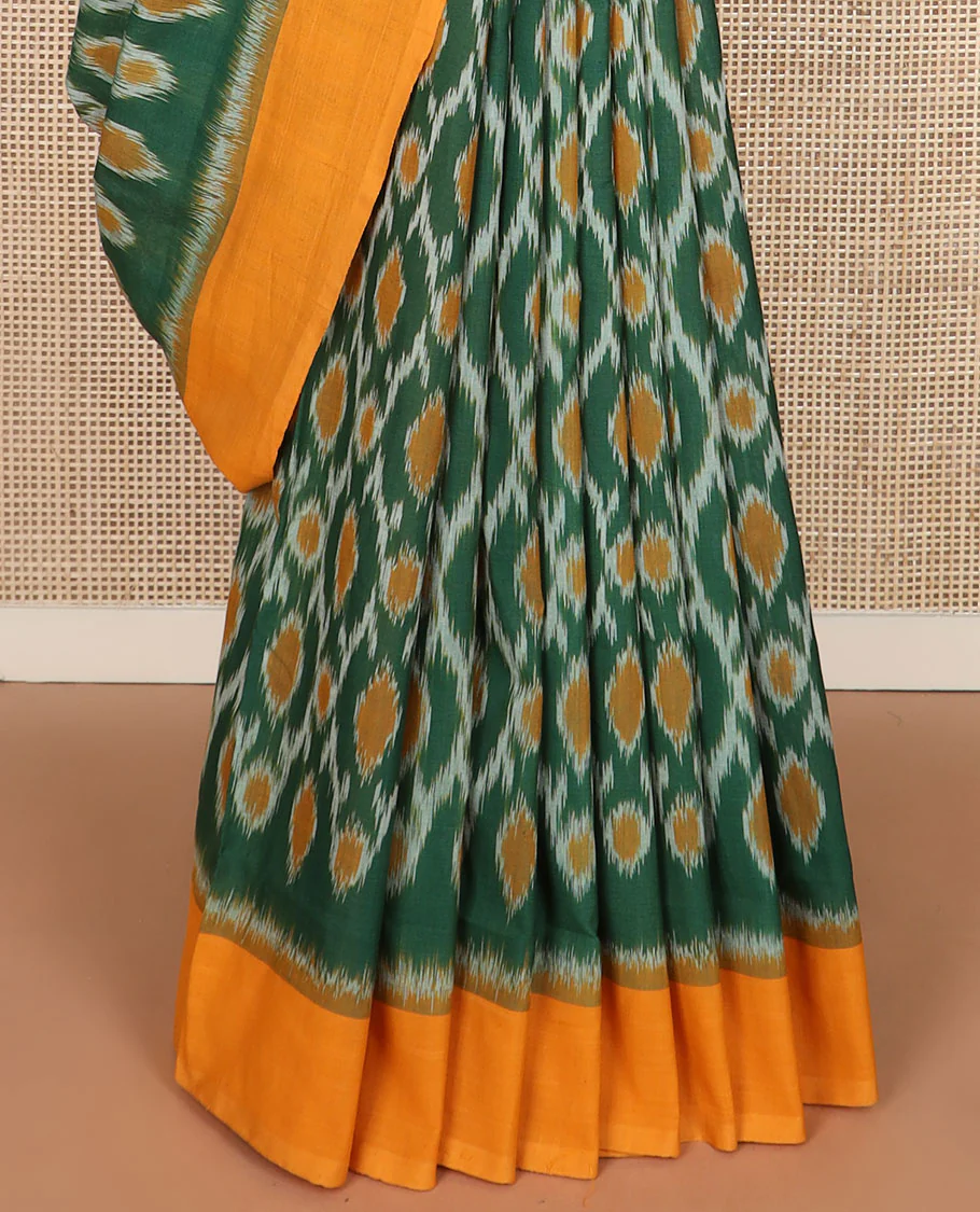 Green jaal design pochampally cotton saree, contrast border & pallu of stripes - Image 4