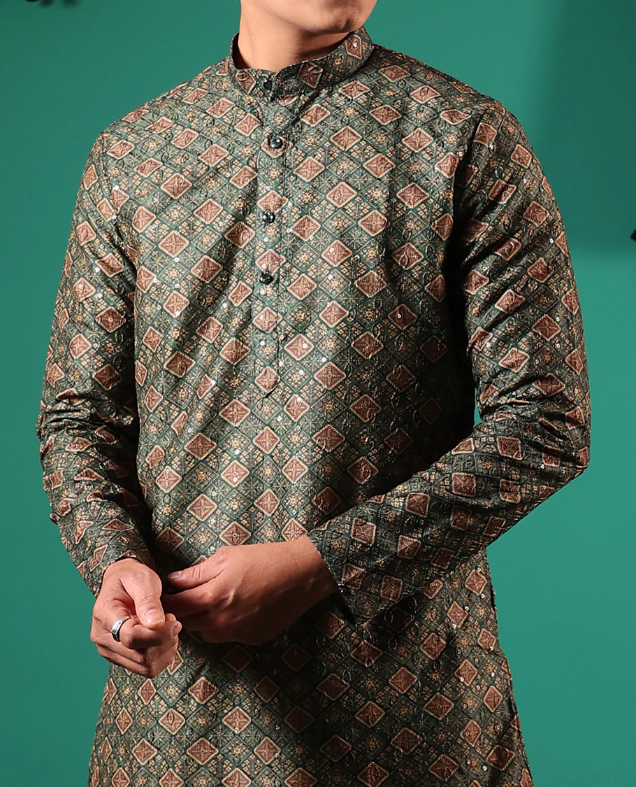 Green jaal patterns printed with sequins embroidered full-sleeved men's kurta - Image 4