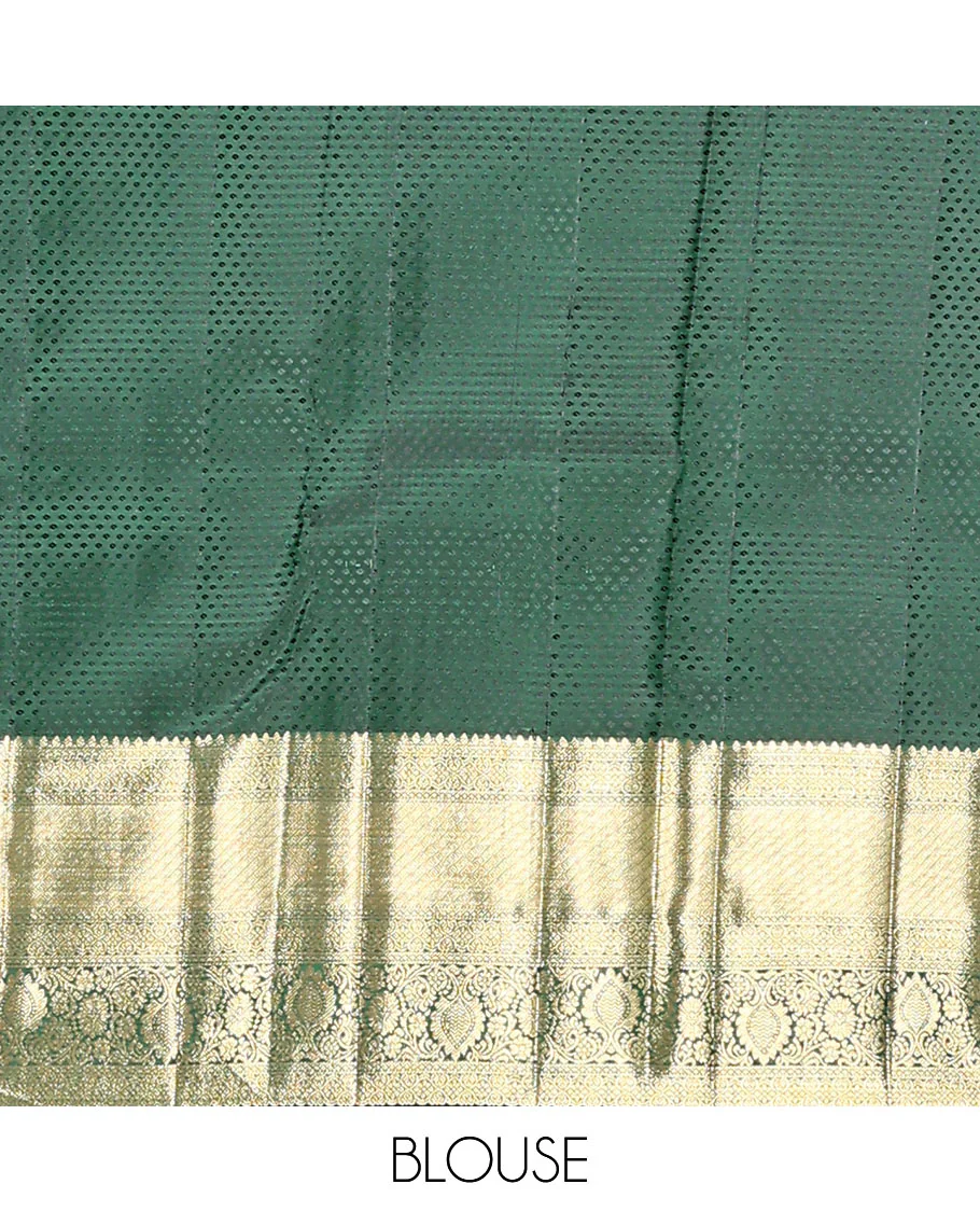 Green jacquard kanchipuram silk saree, zari border of thilakam, greek key, and kodi visiry designs, and intricate pallu - Image 6