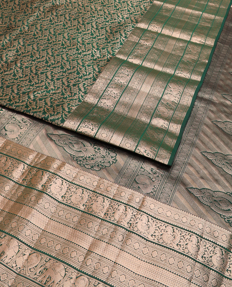 Green jacquard Kanchipuram wedding silk saree, zari border of rekku, muthu, laddu kamalam, mayil, mayil kann, and yaanai, intricate motifs zari woven pallu - Image 2