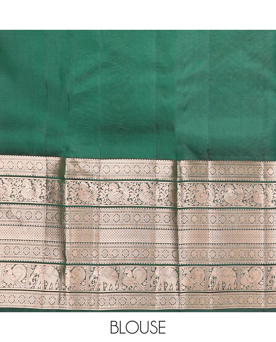 Green jacquard Kanchipuram wedding silk saree, zari border of rekku, muthu, laddu kamalam, mayil, mayil kann, and yaanai, intricate motifs zari woven pallu - Image 6