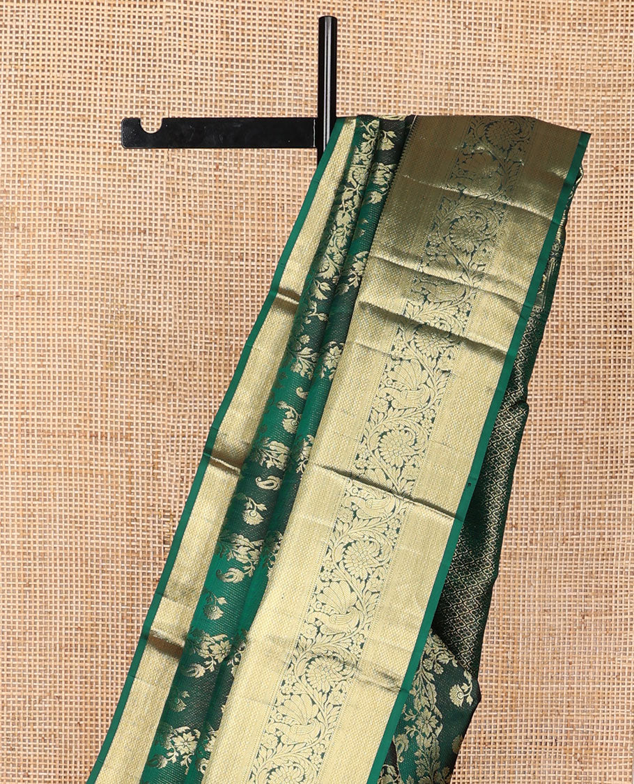 Green jacquard Kanchipuram wedding silk saree, zari border of thilakam, mayil kann, muthu, banaras, and kodi visiry designs, and jaal pallu - Image 4