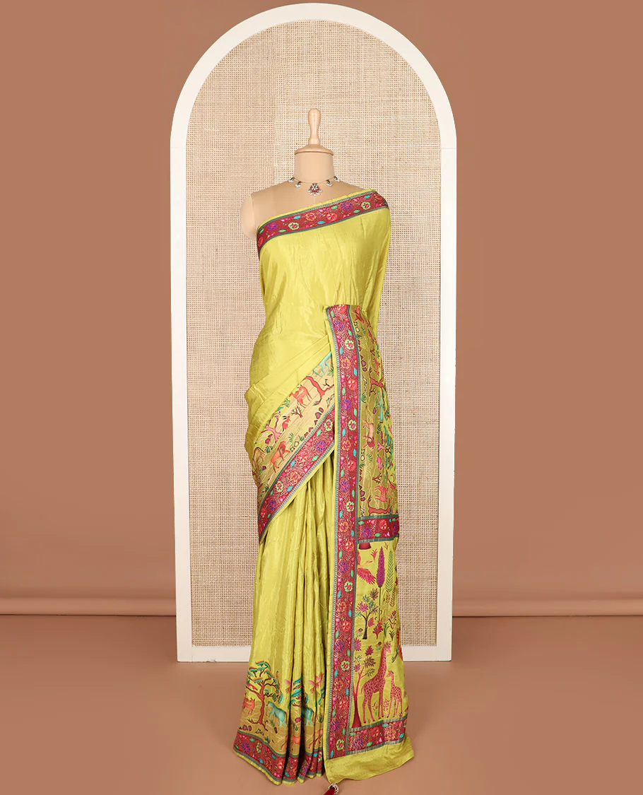 Green Jungle theme digital printed dola silk saree, contrast meenakari floral border, and meenakari floral pallu - Image 2