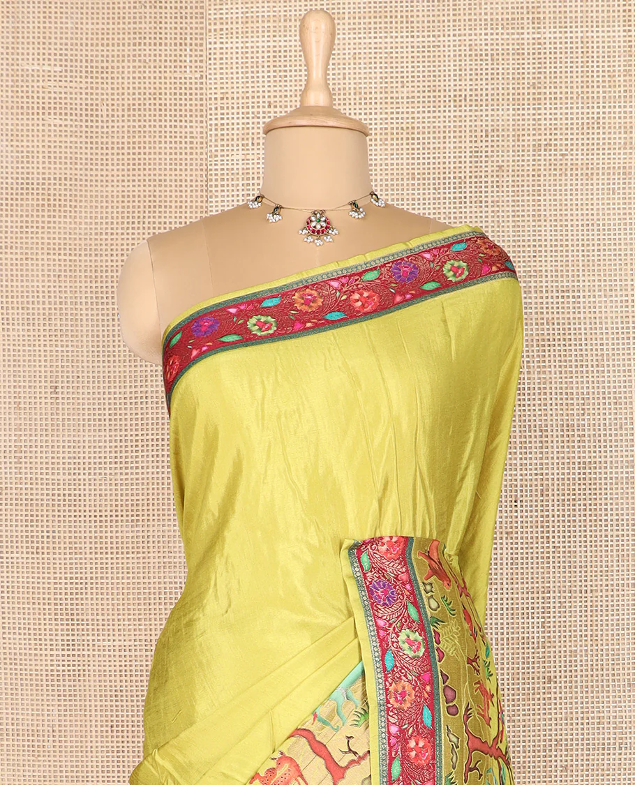 Green Jungle theme digital printed dola silk saree, contrast meenakari floral border, and meenakari floral pallu - Image 3