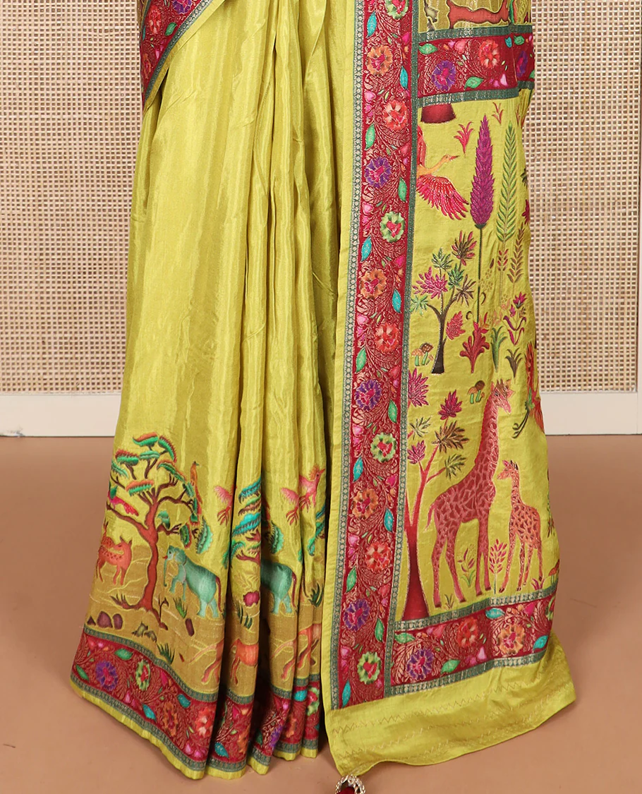 Green Jungle theme digital printed dola silk saree, contrast meenakari floral border, and meenakari floral pallu - Image 4