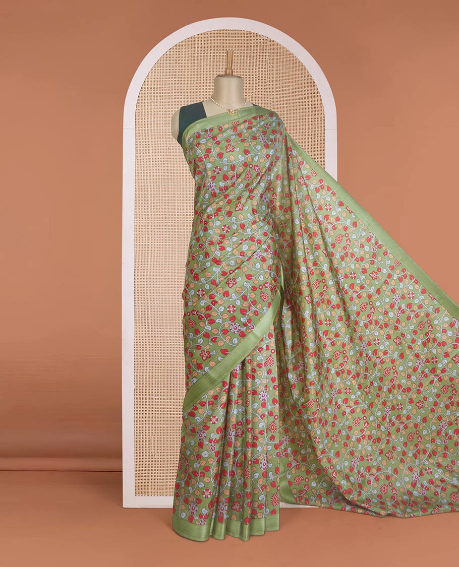 Green kalamkari floral vine printed silk saree, zari border, and pallu of stripes print - Image 2