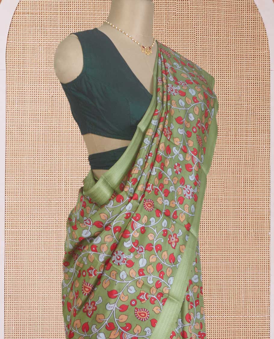 Green kalamkari floral vine printed silk saree, zari border, and pallu of stripes print - Image 3