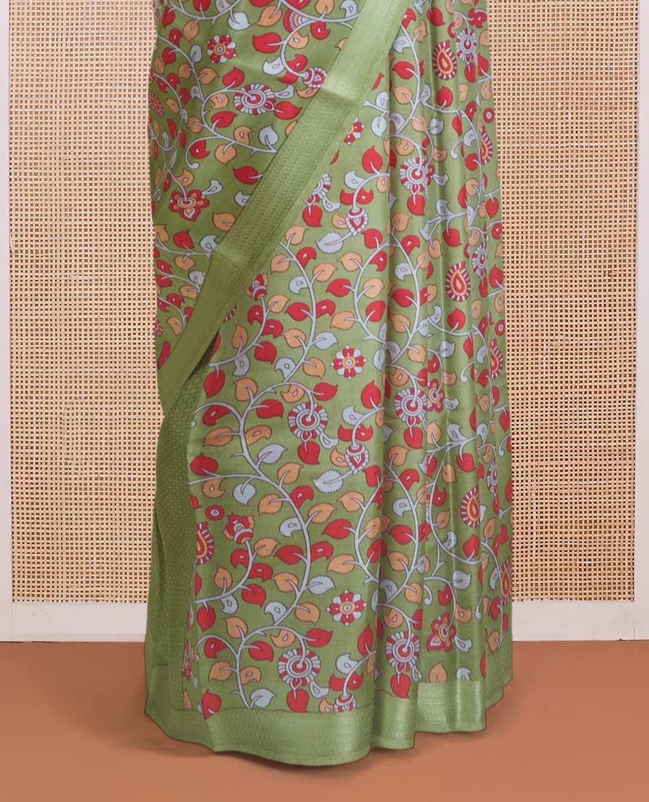 Green kalamkari floral vine printed silk saree, zari border, and pallu of stripes print - Image 4
