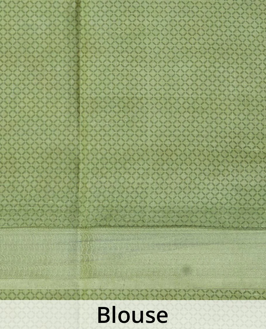 Green kalamkari floral vine printed silk saree, zari border, and pallu of stripes print - Image 5