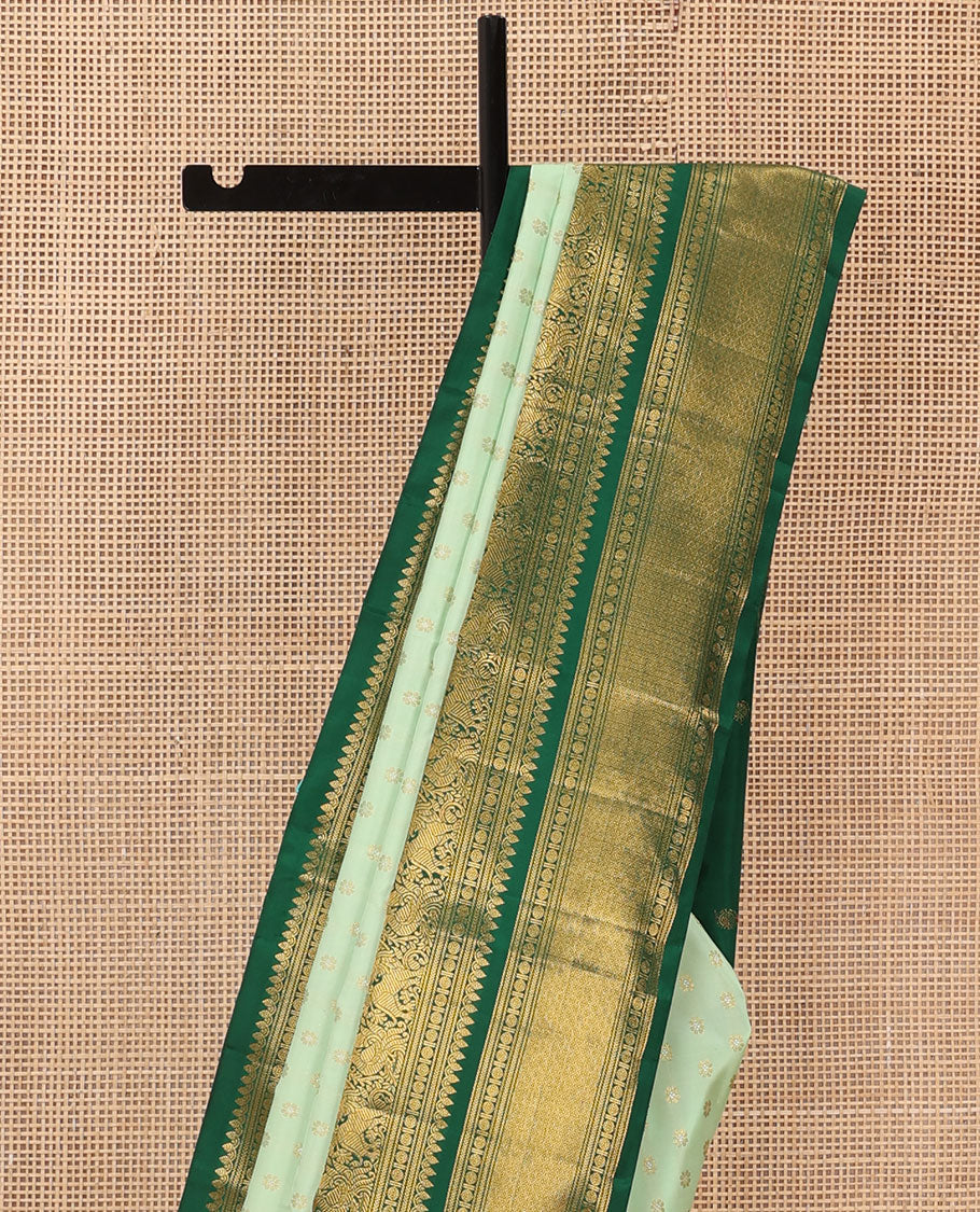 Green kamalam buttas Kanchipuram silk sareee, contrast korvai border of thilakam mokku, kathir, rudraksham, mayil, yaali and jaal design, and zari motifs pallu - Image 3
