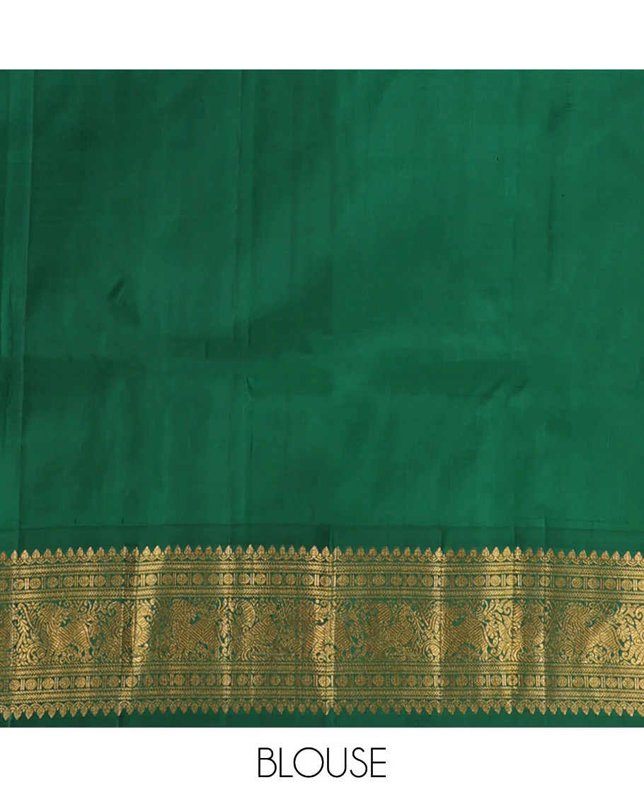 Green kamalam buttas Kanchipuram silk sareee, contrast korvai border of thilakam mokku, kathir, rudraksham, mayil, yaali and jaal design, and zari motifs pallu - Image 5