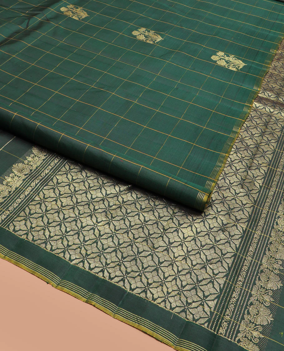 Green Kanchipuram Silk Saree Featuring Floral Zari Buttas Enclosed in Checks, Complemented by a Contrast Striped Border, a Regal Pallu Woven with Intricate Zari Designs, Paired with a Matching Blouse - Image 2