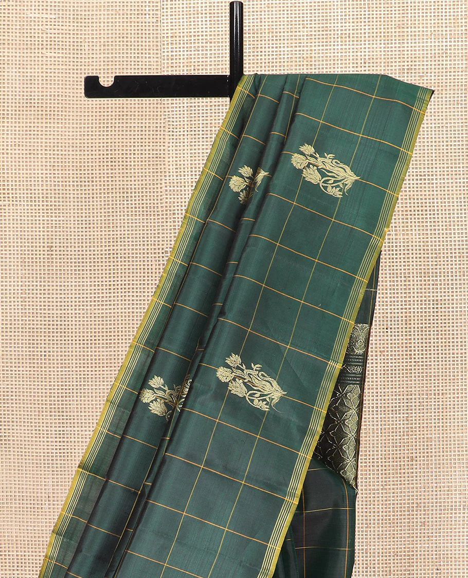 Green Kanchipuram Silk Saree Featuring Floral Zari Buttas Enclosed in Checks, Complemented by a Contrast Striped Border, a Regal Pallu Woven with Intricate Zari Designs, Paired with a Matching Blouse - Image 3