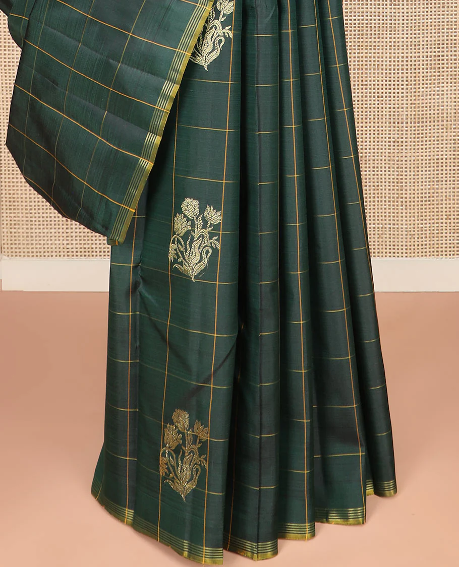 Green Kanchipuram Silk Saree Featuring Floral Zari Buttas Enclosed in Checks, Complemented by a Contrast Striped Border, a Regal Pallu Woven with Intricate Zari Designs, Paired with a Matching Blouse - Image 4