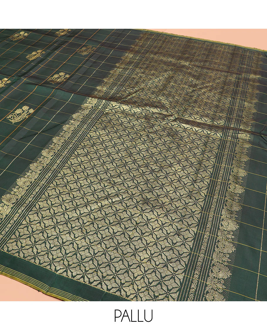 Green Kanchipuram Silk Saree Featuring Floral Zari Buttas Enclosed in Checks, Complemented by a Contrast Striped Border, a Regal Pallu Woven with Intricate Zari Designs, Paired with a Matching Blouse - Image 5