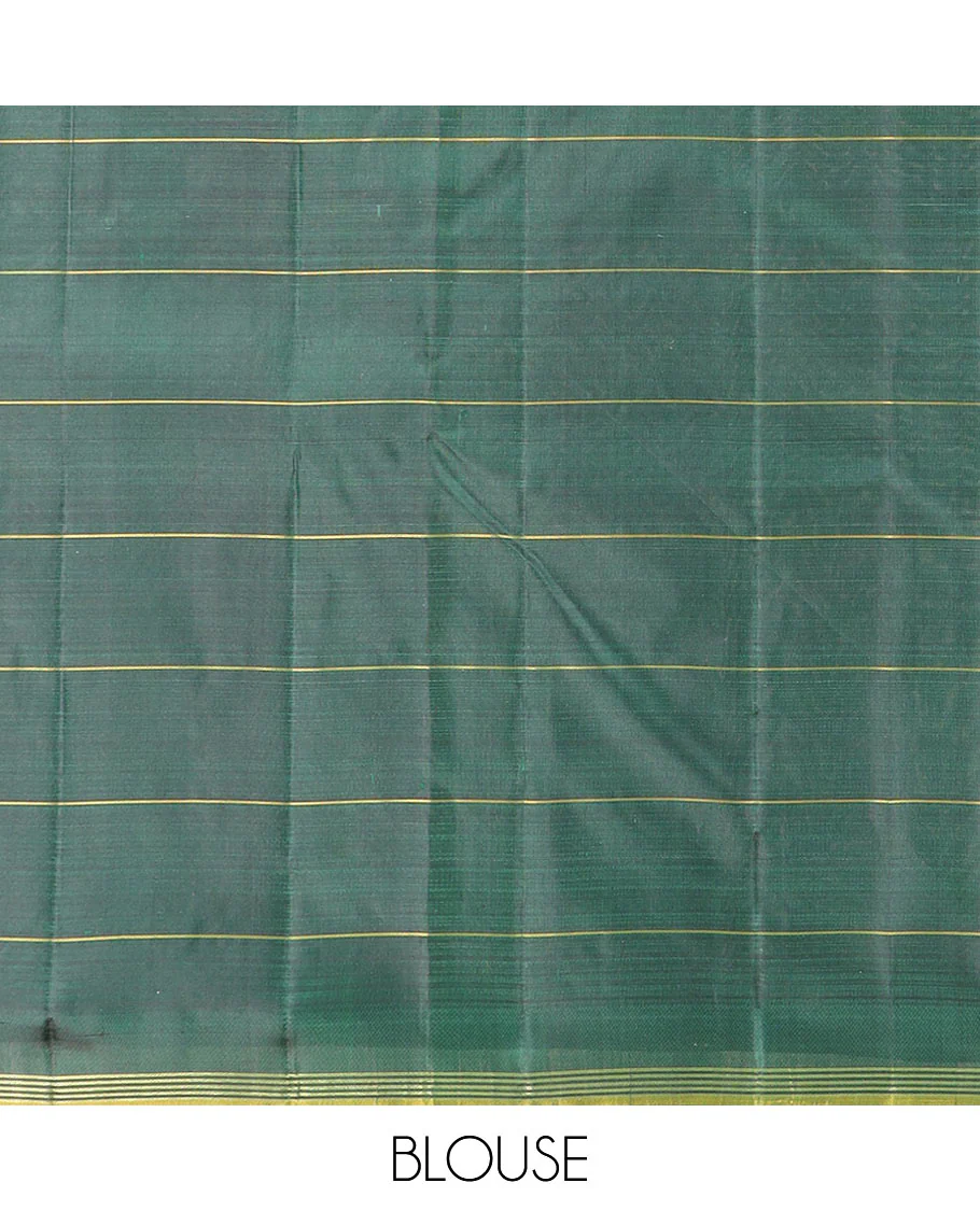 Green Kanchipuram Silk Saree Featuring Floral Zari Buttas Enclosed in Checks, Complemented by a Contrast Striped Border, a Regal Pallu Woven with Intricate Zari Designs, Paired with a Matching Blouse - Image 6