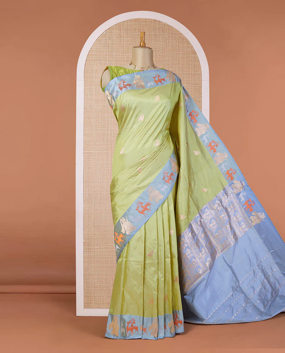 Green katan silk saree with deer motifs, contrast border of deer & human motifs & pallu with deer motif enclosed checks - Image 2