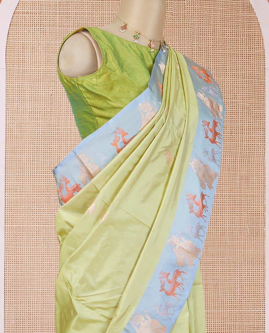 Green katan silk saree with deer motifs, contrast border of deer & human motifs & pallu with deer motif enclosed checks - Image 3