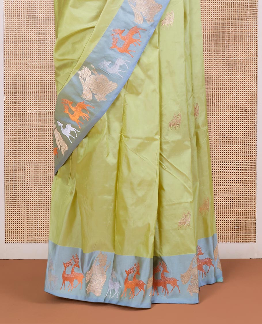 Green katan silk saree with deer motifs, contrast border of deer & human motifs & pallu with deer motif enclosed checks - Image 4