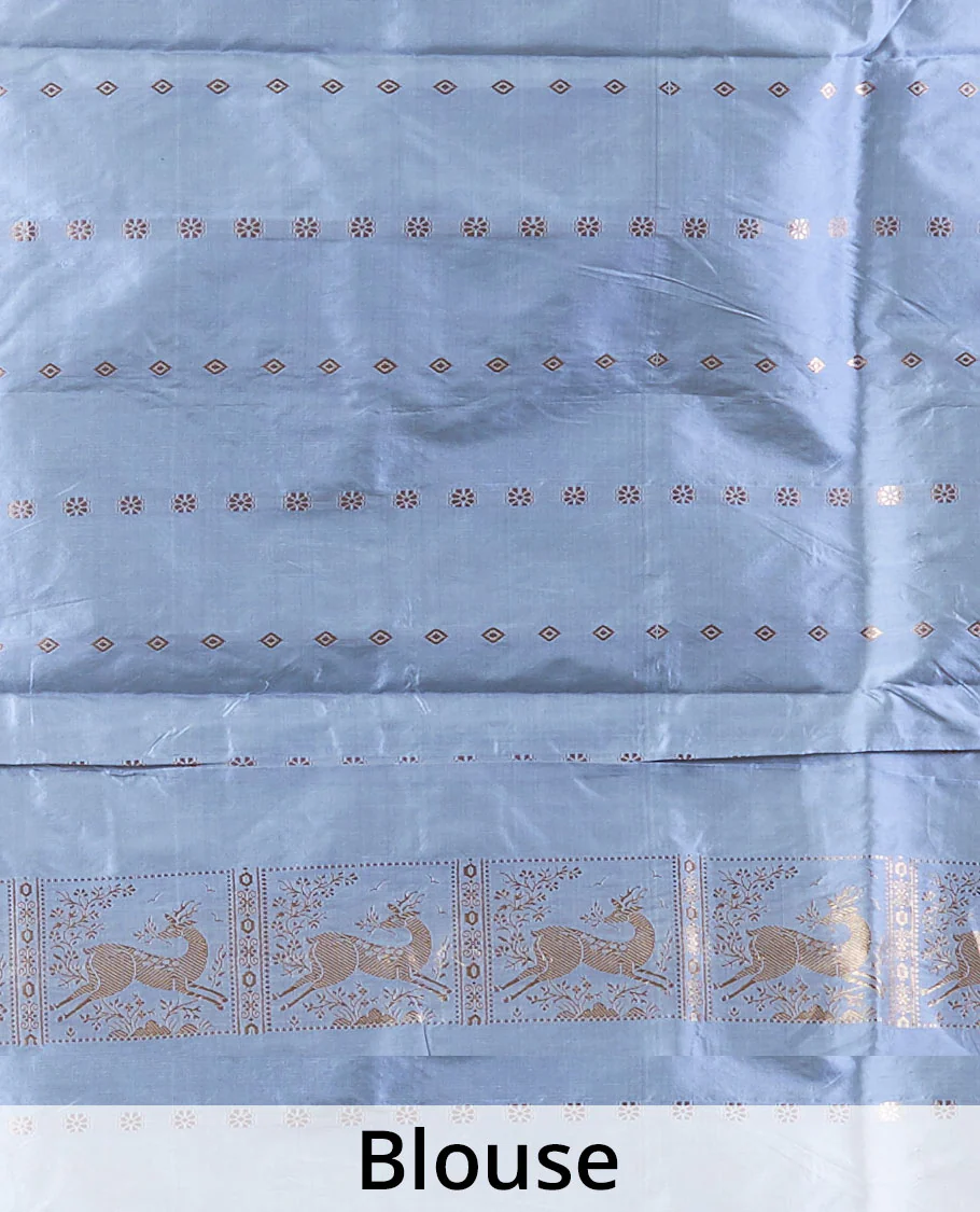 Green katan silk saree with deer motifs, contrast border of deer & human motifs & pallu with deer motif enclosed checks - Image 5